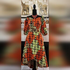 Geometric Long Sleeve Dress in Orange and Green